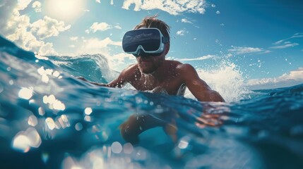 Man swimming on the sea using VR glasses
