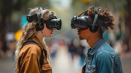 Fototapeta premium man and women wear VR Headset communicating in metaverse word