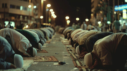 The sound of prayer calls echoing through the streets as the community comes together for the nightly Taraweeh prayers.