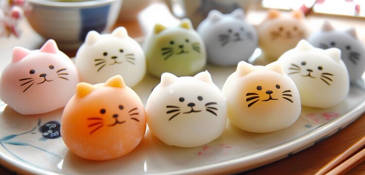 A delectable AI-crafted image capturing the artistry of Japanese cuisine, featuring adorable cat-shaped mochi cakes elegantly arranged on a plate.