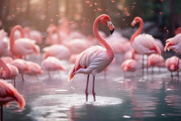 Obraz premium Tranquil Flamingo lake water. Zoo birds. Generate Ai