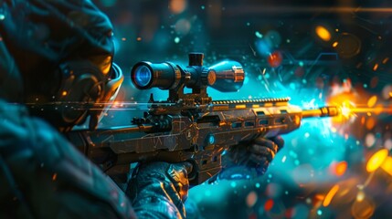 A cyberneticallyenhanced sniper takes aim with his hightech rifle his augmented eye glowing blue as he surveys the battlefield.