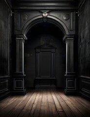 Haunted room wallpaper classical architecture, rustic texture, black background, grandiose...