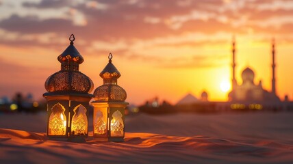 Arabic lanterns with burning candles in the desert with a mosque and sunset in the background, copy space - generative ai