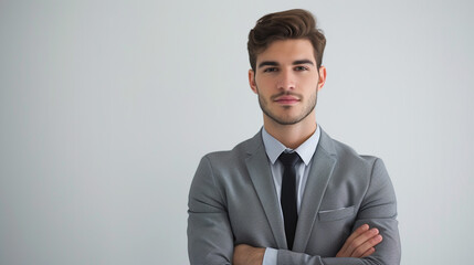 A dapper businessman with an air of warmth and professionalism, he interacts with the camera on a white background, displaying his captivating presence