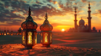 Arabic lanterns with burning candles in the desert with a mosque and sunset in the background, copy space - generative ai - obrazy, fototapety, plakaty