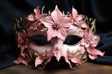 Colorful Pink flowers mask. Cute lady. Generate Ai