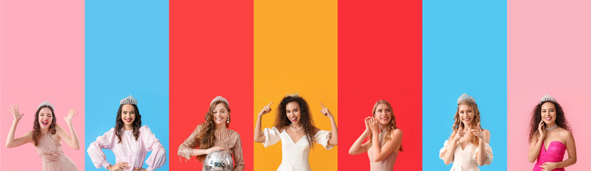 Set of many young girls in prom dresses on color background - obrazy, fototapety, plakaty