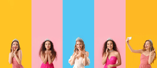 Set of young girls in prom dresses on color background - obrazy, fototapety, plakaty