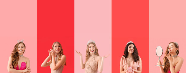 Set of young girls in prom dresses on color background © Pixel-Shot