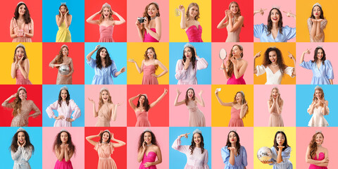 Collage with pretty young girls in prom dresses on color background