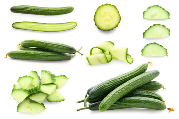 Set of ripe cucumbers on white background