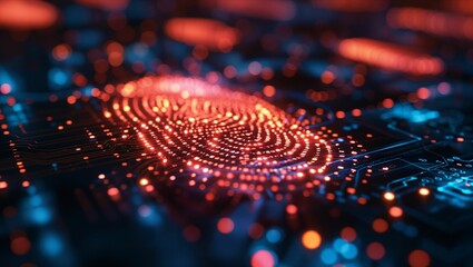 Digital fingerprint on display screen with data and cybersecurity concept