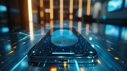 Digital fingerprint on smartphone screen with data and cybersecurity concept - obrazy, fototapety, plakaty