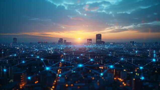 City view with Digital telecommunication network visualization lines, Transferring and exchanging information concept