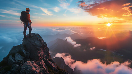 Fototapeta premium A hiker with a backpack standing on a ridge, overlooking a dramatic mountain landscape at sunset.
