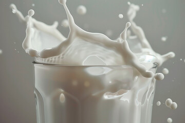 Cold fresh white milk pouring and streaming from a clear glass pitcher into a transparent tall drinking glass, capturing a splash of dairy liquid in motion as it fills up the receptacle - obrazy, fototapety, plakaty