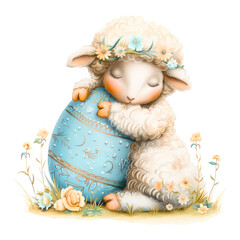 Vibrant watercolor artwork portrays delightful lambs with Easter eggs on a vintage background.
