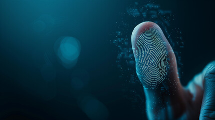 Close-up of a finger with a glowing digital fingerprint overlay, symbolizing biometric security and technology.