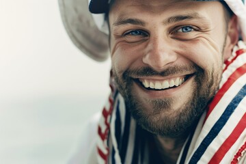 a seaman sailor man, his captivating smile complemented by the crisp elegance of his white uniform, evoking a sense of maritime grace. - obrazy, fototapety, plakaty