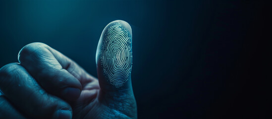 Close-up of a finger with a glowing digital fingerprint overlay, symbolizing biometric security and technology.