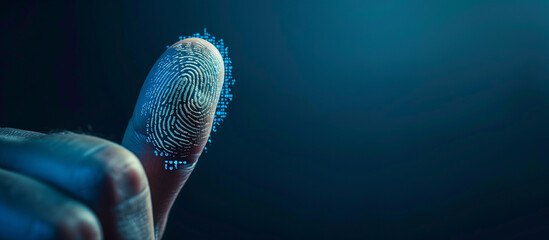 Close-up of a finger with a glowing digital fingerprint overlay, symbolizing biometric security and technology. - obrazy, fototapety, plakaty