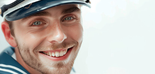 Fototapeta premium a seaman sailor man, his captivating smile complemented by the crisp elegance of his white uniform, evoking a sense of maritime grace.