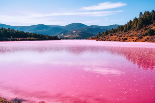 Majestic Pink lake view. Water summer. Generate Ai