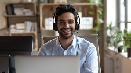 A cheerful male customer support agent with a headset working on a laptop, providing remote assistance.