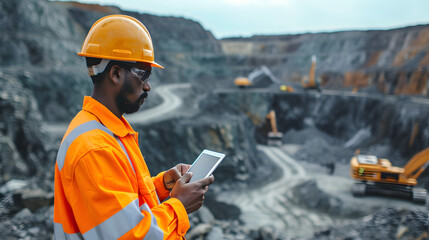 young Black African nining construction worker with digital tablet in open pit quarry