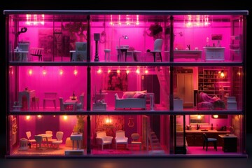 Kitschy Pink neon doll house. Modern design. Generate Ai