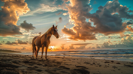 A brown horse standing on top of a sandy beach under a cloudy bl - obrazy, fototapety, plakaty