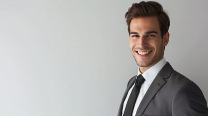 A stylish businessman with a warm smile, facing the camera against a white background and exuding charisma