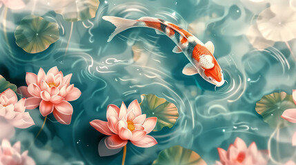 Koi fish swimming with pink lotus flowers tradition Chinese ink