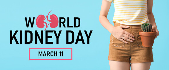 Young woman with cactus suffering from cystitis on blue background, closeup