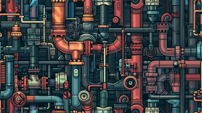 Intricate seamless pattern with a lot of plumbing pipes and valv
