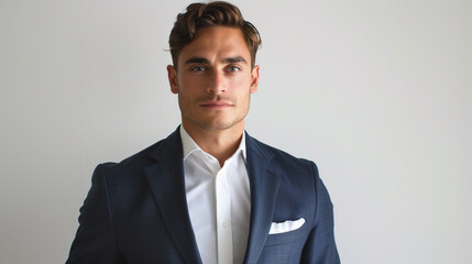 A suave businessman in a tailored suit, his piercing gaze captivating as he poses against a white background