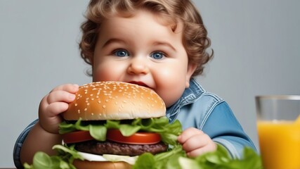 Pretty young curly boy in casual clothes on blue studio background eating burger. Caucasian male...