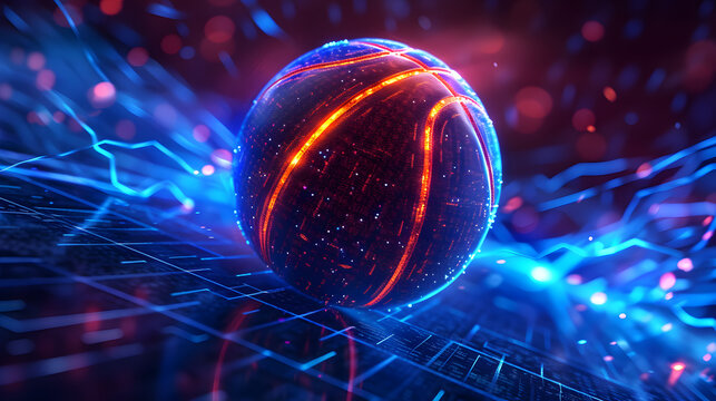 banner of basketball ball sports soccer, football , hand ball background poster in glossy futuristic design, glowing neon details mechanical digital look for cyber online gaming tournaments