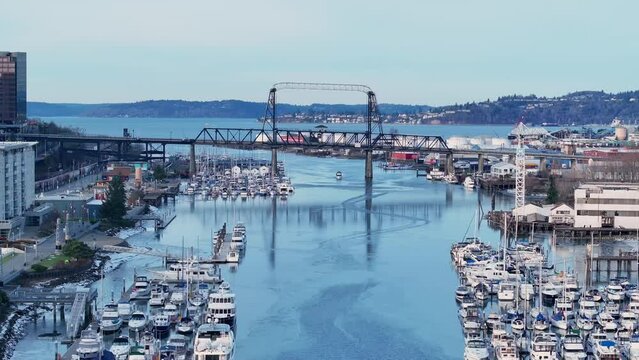 Murray Morgan Bridge On Thea Foss Waterway In Tacoma, Washington. wide shot