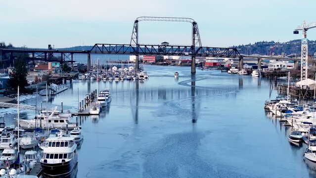 Tacoma's Murray Morgan Bridge Across Thea Foss Waterway In Washington, USA. drone shot