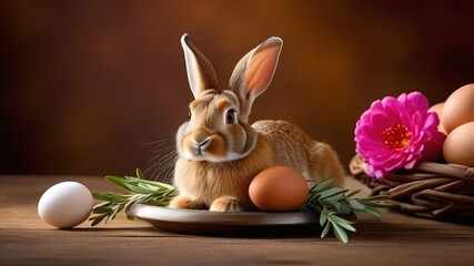 Fototapeta na wymiar Little Grey Brown Bunny With Eggs on a plate near pink flowers - Easter Card. Congratulatory spring holiday background