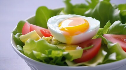 Healthy breakfast. A bowl with lettuce, tomatoes, onion and an egg. 