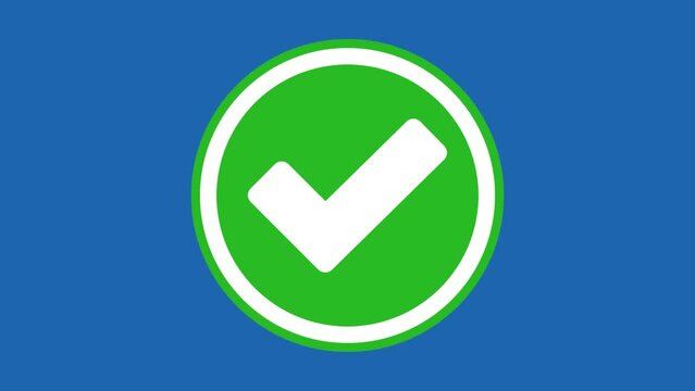 Animation of green check mark icon on circle frame isolated on blue screen background