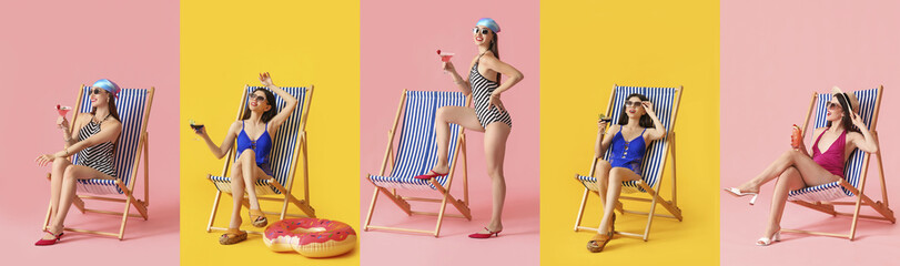 Collage of young woman in swimsuit, with beach chair and cocktail on color background