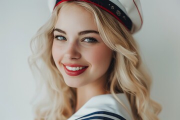 a seaman sailor girl's captivating smile, accentuated by her pristine white uniform, radiating charm and confidence.