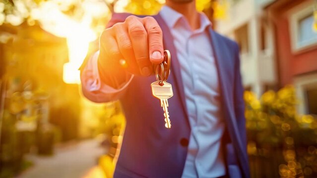 Real estate agent handing home key outdoors in sunlight. House or apartment purchase, rent
