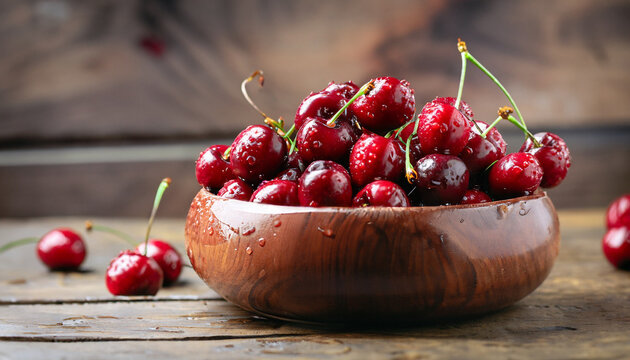 Cherries in wooden Bowl with water drops on rustic table. Healthy Food Background to close up