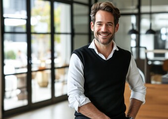 Fototapeta na wymiar Portrait of businessman standing in the office wearing white shirt and black vest combination while smiling