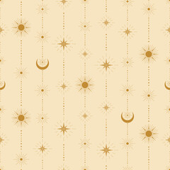 warm minimalism sun moon stars celestial seamless pattern. good for fabric, textile, wallpaper, background, bedding,  etc.